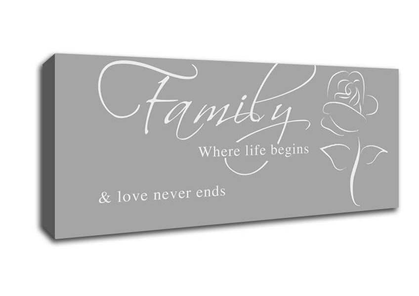 Picture of Family Quote Family Where Life Begins 1 Grey White Panoramic Canvas Wall Art