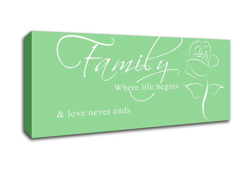 Picture of Family Quote Family Where Life Begins 1 Green Panoramic Canvas Wall Art