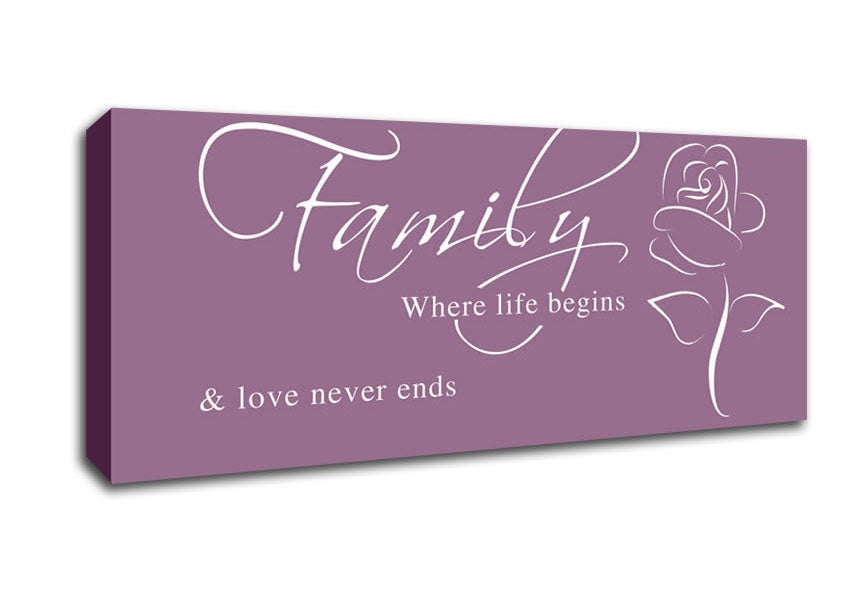 Picture of Family Quote Family Where Life Begins 1 Dusty Pink Panoramic Canvas Wall Art