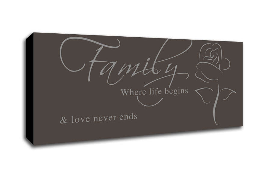 Picture of Family Quote Family Where Life Begins 1 Chocolate Panoramic Canvas Wall Art