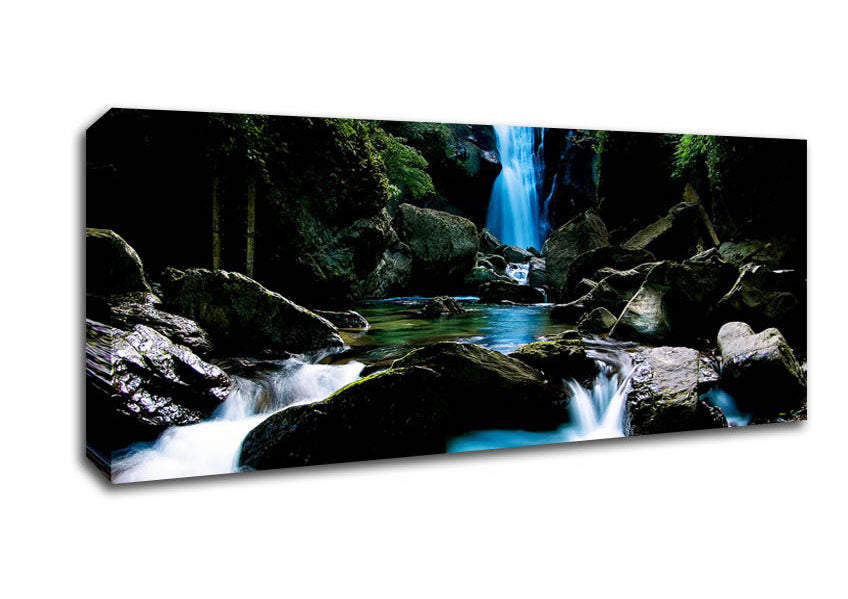 Picture of Enchanted Blue Waterfall Forest Flows Panoramic Canvas Wall Art