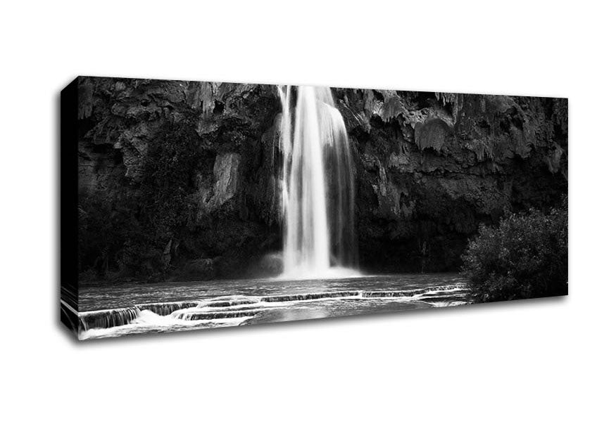 Picture of Hidden Woodland Waterfall Rocks B n W Panoramic Canvas Wall Art