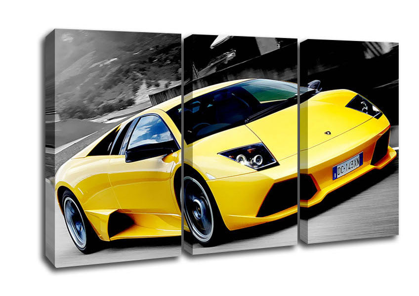 Picture of Lamborghini On The Move Yellow 3 Panel Canvas Wall Art