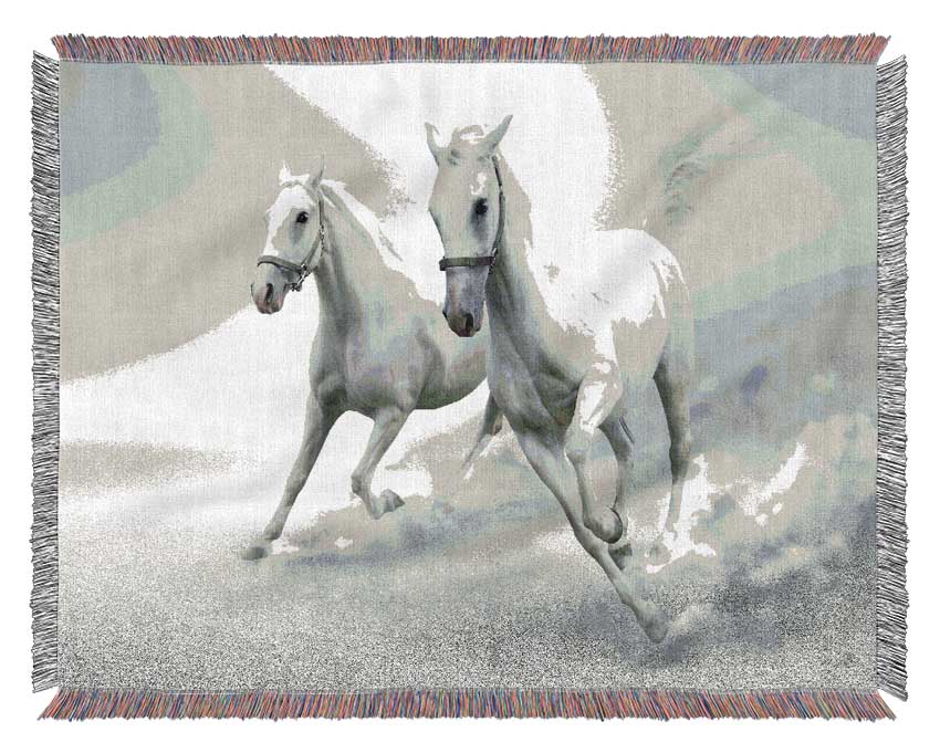 White Duo Horses Woven Blanket