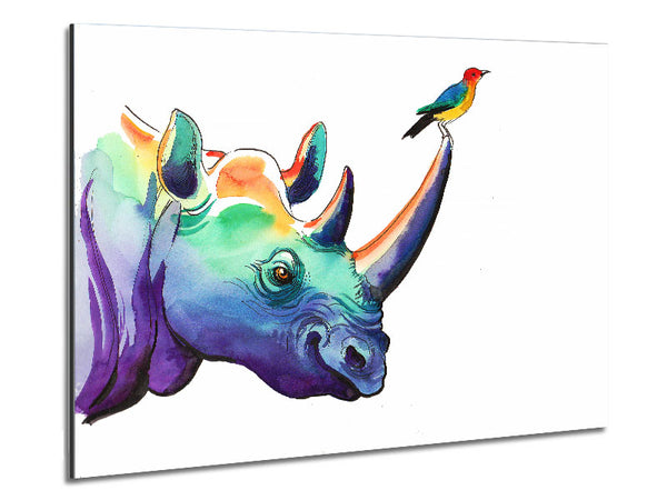 Rainbow Rhino Bird Metal Print
