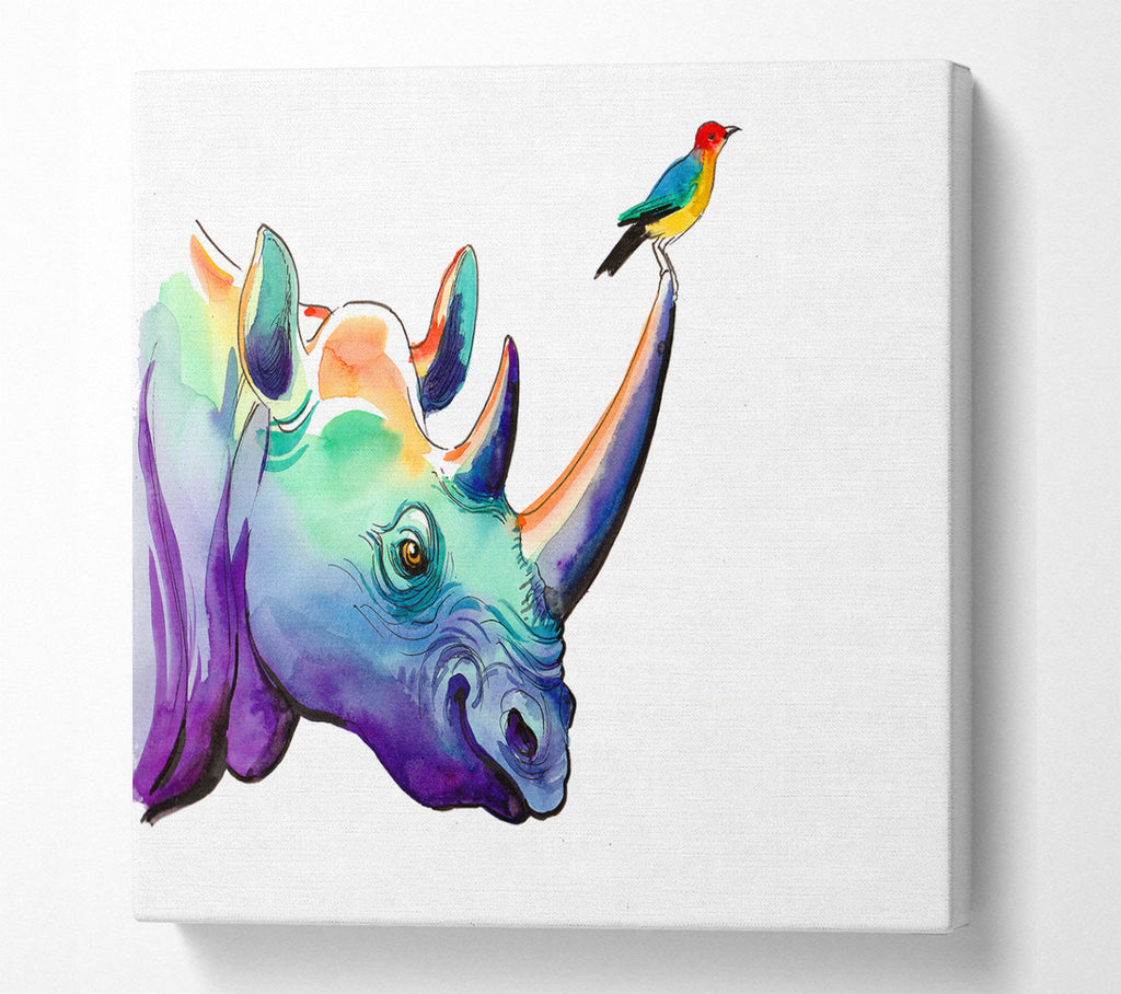 A Square Canvas Print Showing Rainbow Rhino Bird Square Wall Art