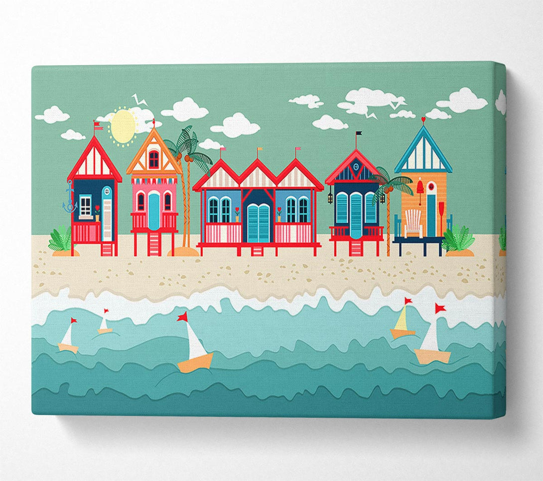 Picture of Beach Huts And Sailboats Canvas Print Wall Art