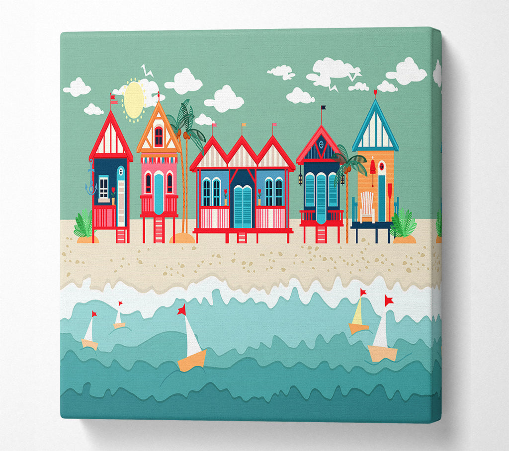 A Square Canvas Print Showing Beach Huts And Sailboats Square Wall Art