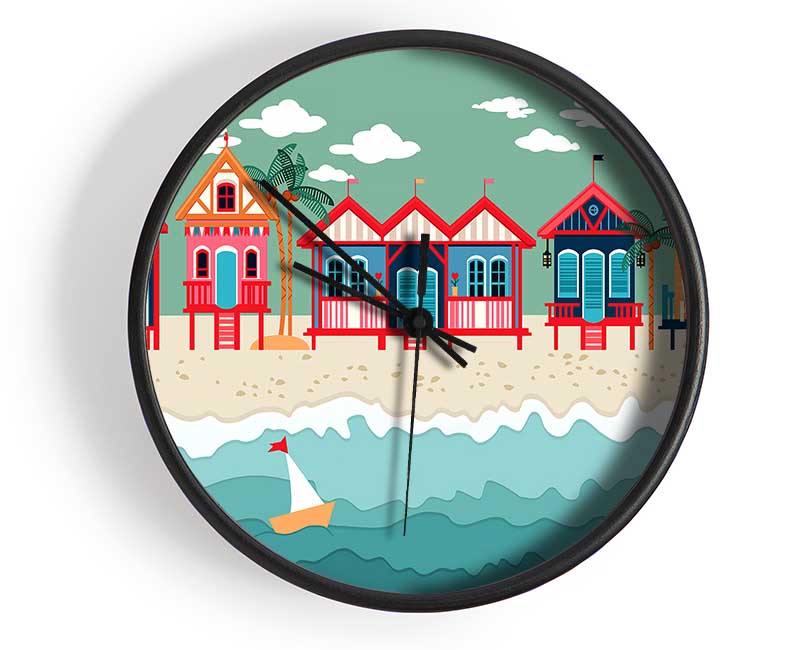 Beach Huts And Sailboats Clock - Wallart-Direct UK