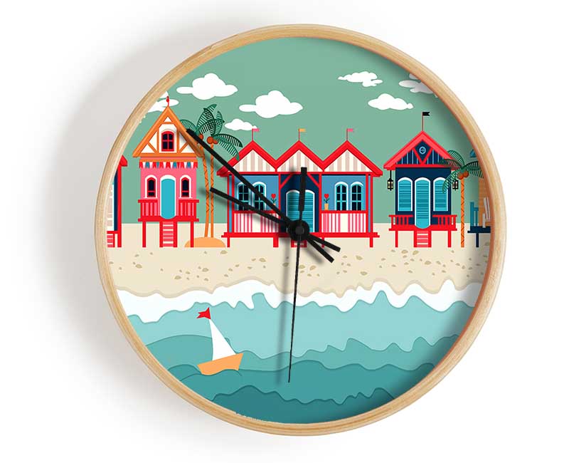 Beach Huts And Sailboats Clock - Wallart-Direct UK