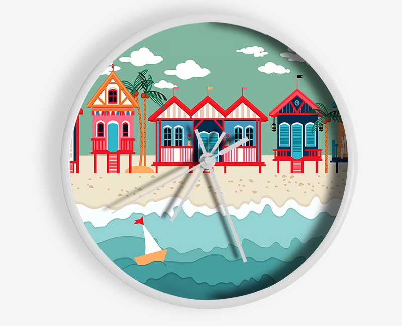 Beach Huts And Sailboats Clock - Wallart-Direct UK