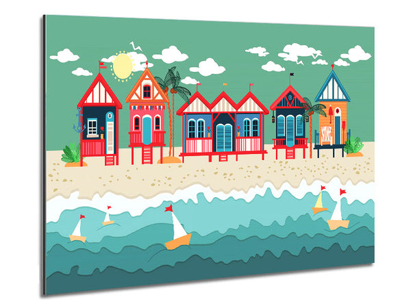 Beach Huts And Sailboats Metal Print
