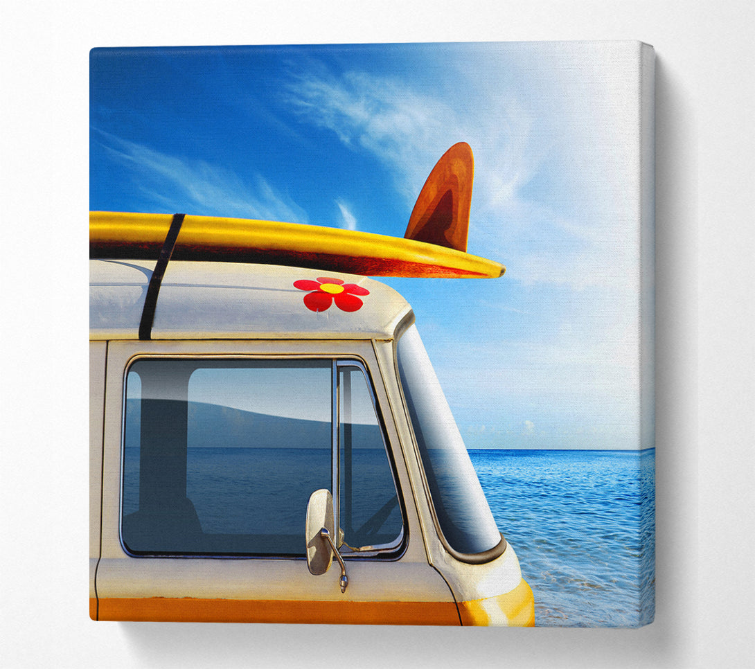 A Square Canvas Print Showing Camper Van Ready For The Waves Square Wall Art