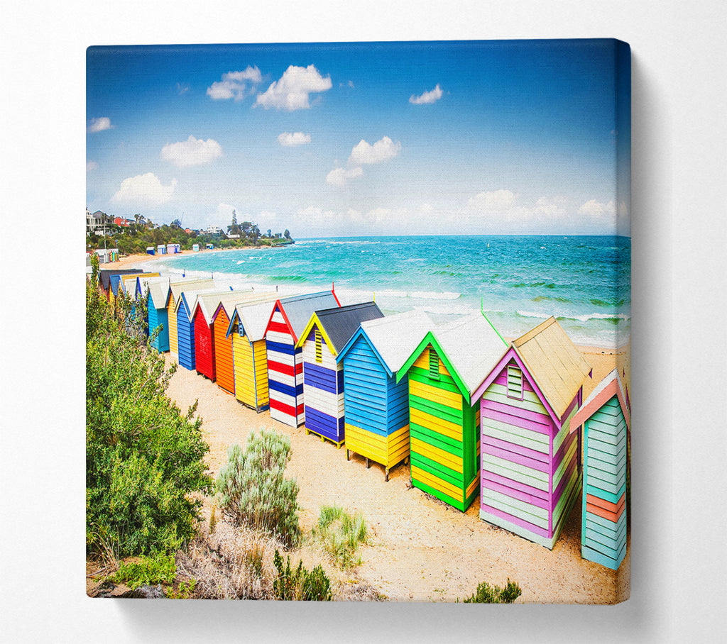 A Square Canvas Print Showing Beach Hut Delight Square Wall Art