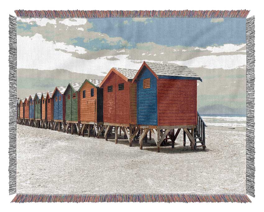 Row Of Beach Huts Woven Blanket