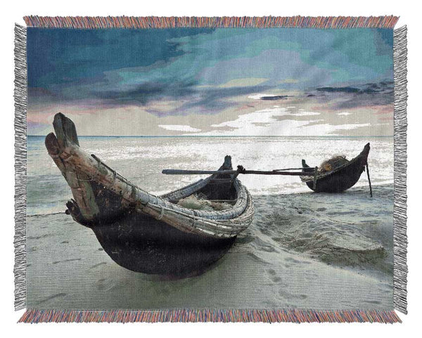 Fishing Boat At Dusk Woven Blanket