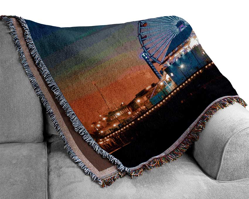 Santa Monica Pier At Dusk Woven Blanket