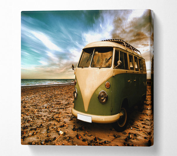 A Square Canvas Print Showing VW Camper Van Green Square Wall Art