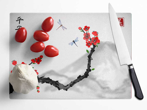 Chinese Cherry Blossom Mountains Glass Chopping Board