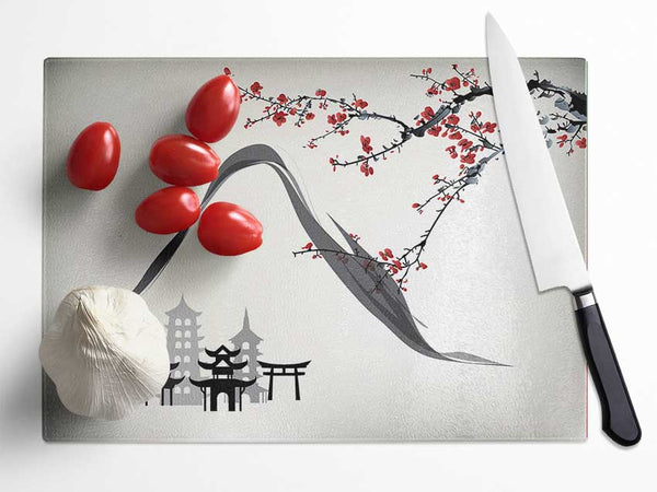 Mountains And Chinese Cherry Blossom Glass Chopping Board