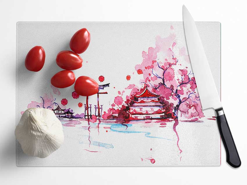 Chinese Cherry Blossom Lake Glass Chopping Board