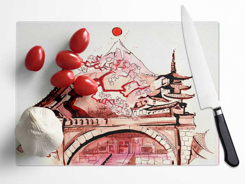 Chinese Cherry Blossom Temple Glass Chopping Board