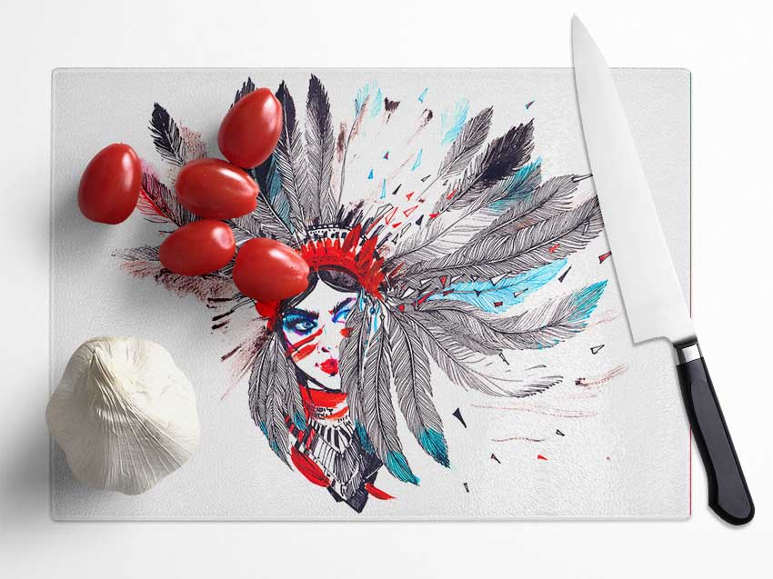 Red Indian Head Dress Glass Chopping Board