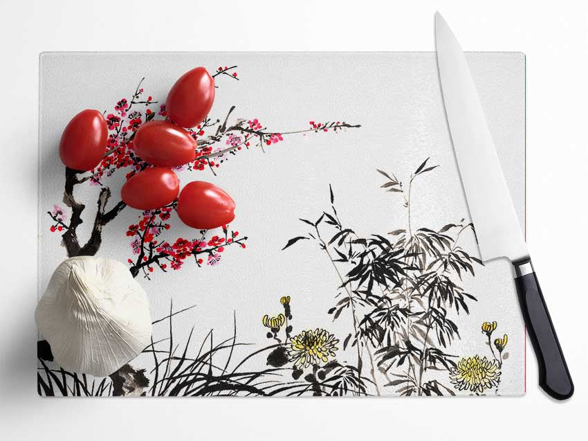 Chinese Cherry Blossom Grasses Glass Chopping Board
