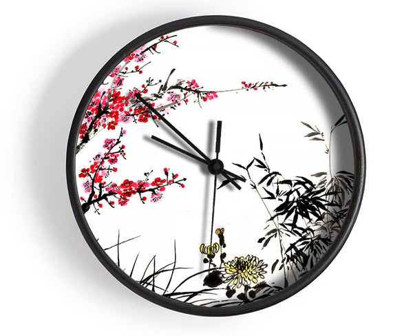 Chinese Cherry Blossom Grasses Clock - Wallart-Direct UK
