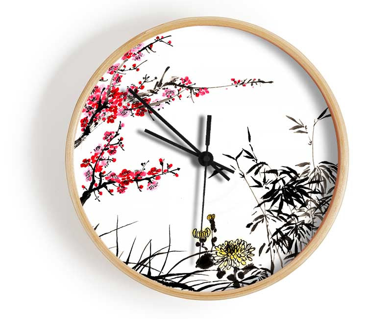 Chinese Cherry Blossom Grasses Clock - Wallart-Direct UK