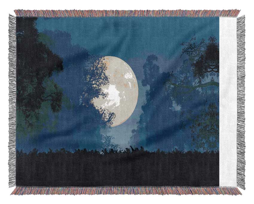 Stunning Midnight Moon Through The Trees Woven Blanket