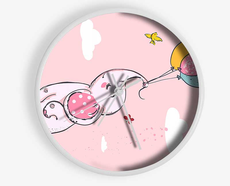 Pink Elephant Floating On Balloons Clock - Wallart-Direct UK