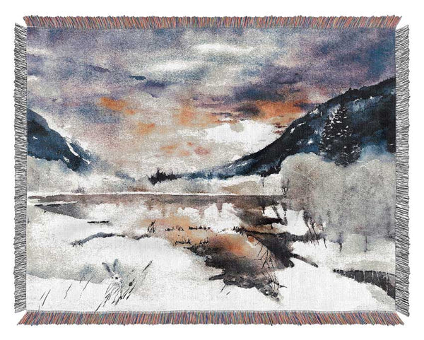 Winter At The Sunset Lake Woven Blanket