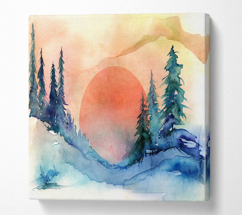 A Square Canvas Print Showing Red Winter Sun Square Wall Art