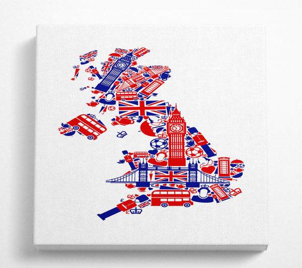 A Square Canvas Print Showing London Icons In The Shape Of The UK Square Wall Art