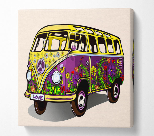 A Square Canvas Print Showing Flower Power VW Camper Van Square Wall Art