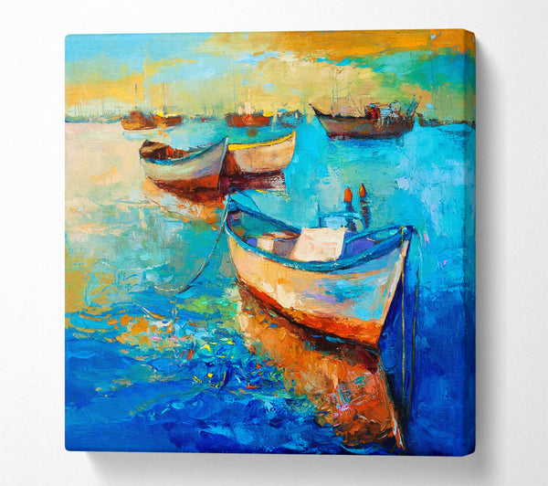 A Square Canvas Print Showing Sail Boats On The Sunset Waters Square Wall Art