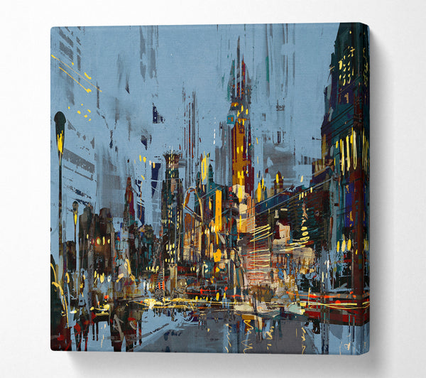 A Square Canvas Print Showing As The Night Falls In The City Square Wall Art