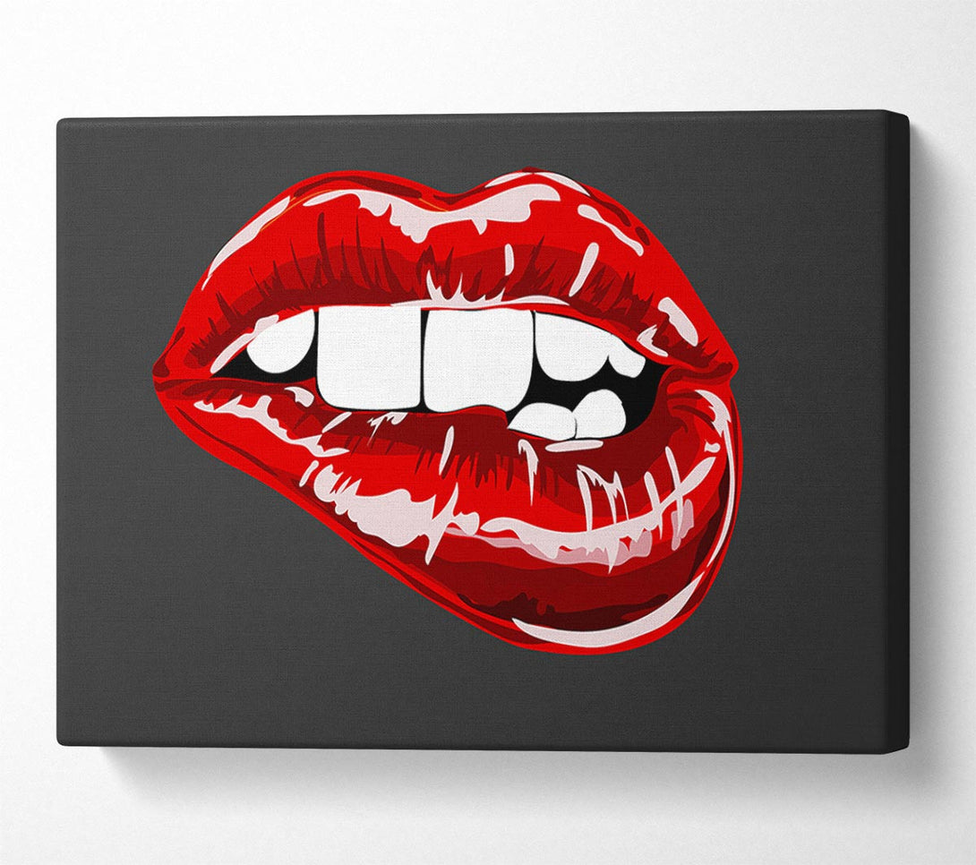 Picture of Red Lip Bite On Grey Canvas Print Wall Art