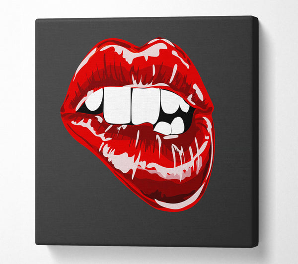 A Square Canvas Print Showing Red Lip Bite On Grey Square Wall Art