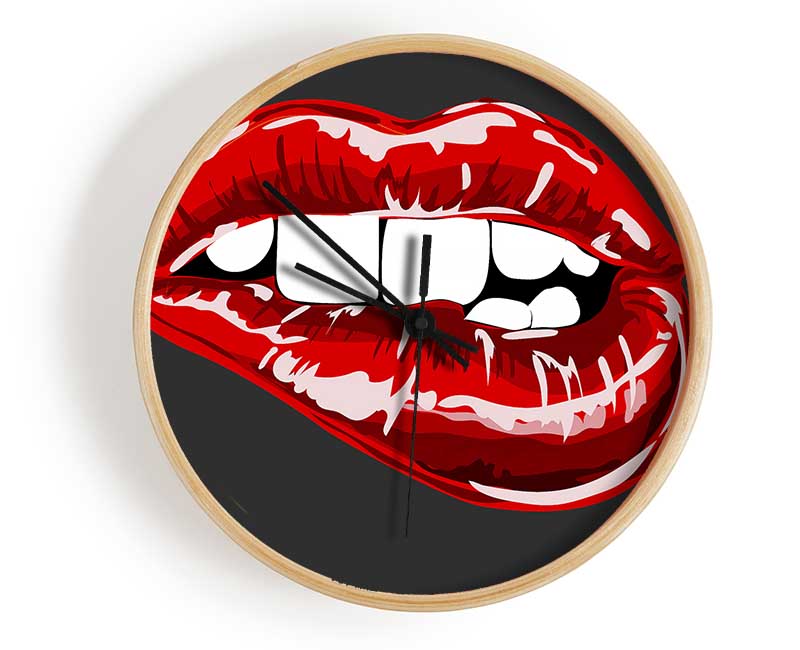 Red Lip Bite Clock - Wallart-Direct UK