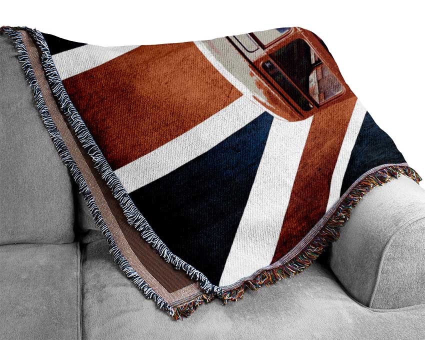 Red Bus On The British Flag Woven Blanket