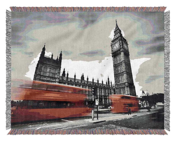 Houses Of Parliament Red Bus Blur Woven Blanket