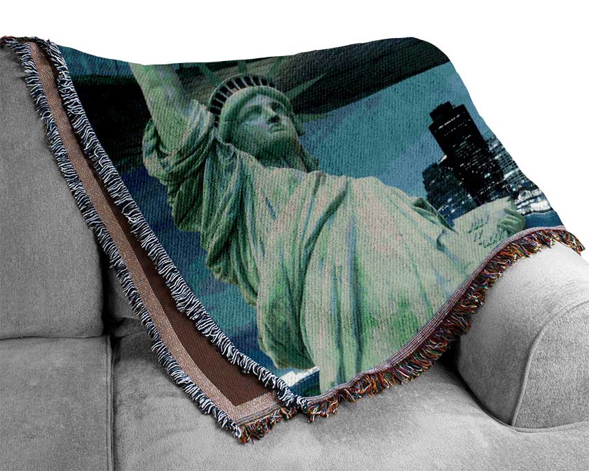 Statue Of Liberty Brooklyn Bridge Nights Woven Blanket