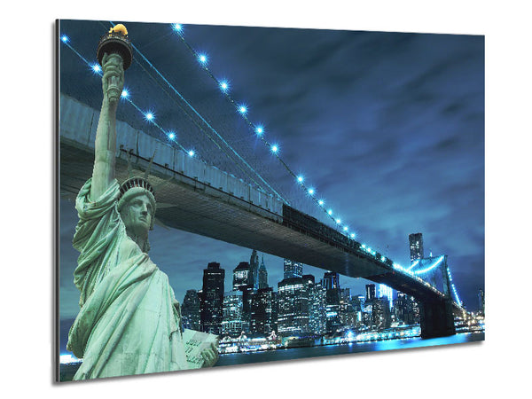 Statue Of Liberty Brooklyn Bridge Nights Metal Print