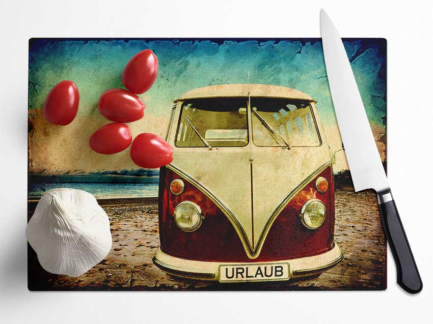 VW Camper Van At The Beach Glass Chopping Board