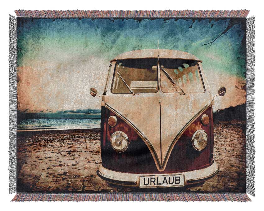 VW Camper Van At The Beach Woven Blanket
