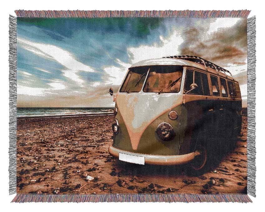 VW Camper At The Beach Green Woven Blanket
