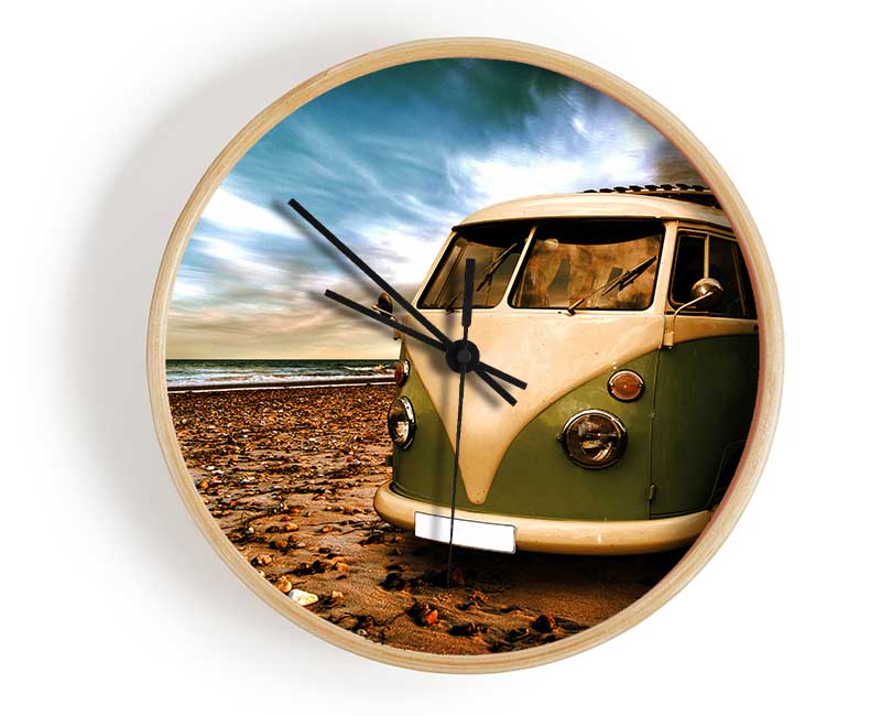 VW Camper At The Beach Green Clock - Wallart-Direct UK