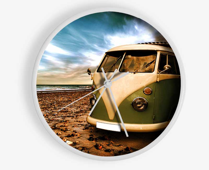 VW Camper At The Beach Green Clock - Wallart-Direct UK